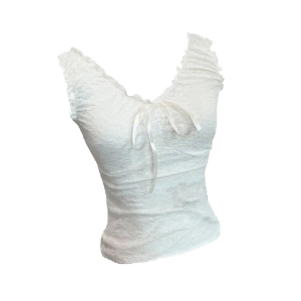 BRANDY MELVILLE White Ribbon Lettuce Trim Ruched Vneck Tank Top